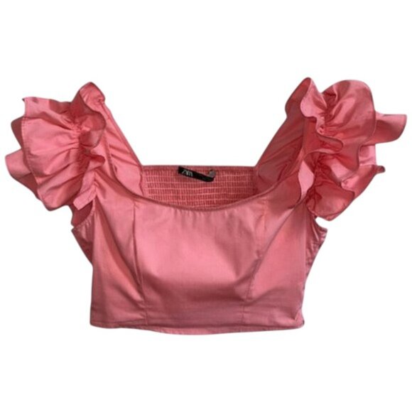 Zara Crop Top Pastel Pink Ruffle Sleeve Size S - Picture 2 of 6
